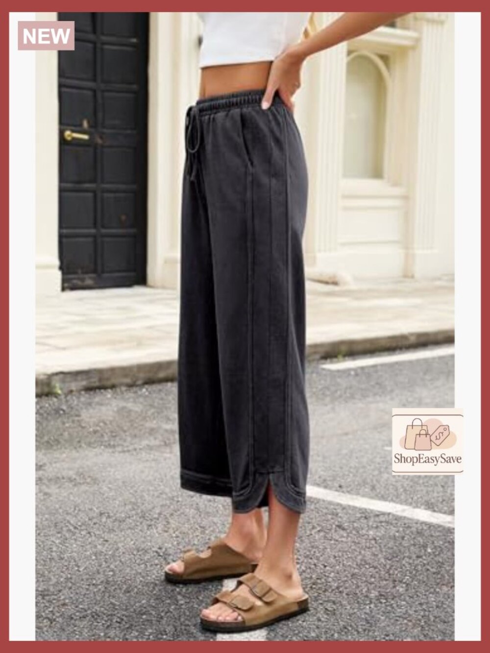 Wide Leg Baggy Sweatpants Drawstring High Rise Cropped Capri Joggers - Picture 5 of 7